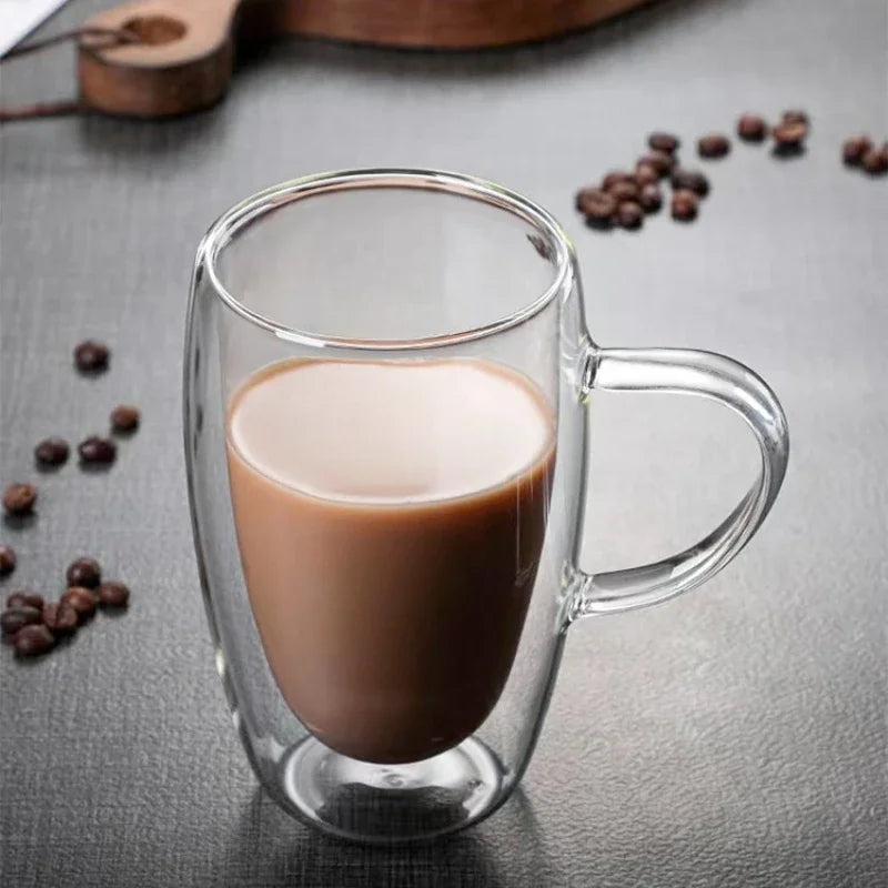 Taza de vidrio de borosilicato de doble pared transparente resistente al calor con asa, ideal para café, leche, zumo o agua. Regalo perfecto para amantes del café.