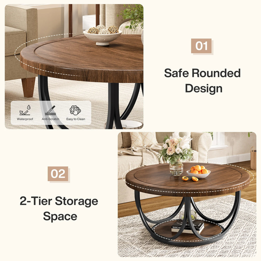 Tribesigns Round Coffee Table with 2 Tiers, 80 cm Wooden Circle Accent Cocktail Table with Storage Shelf and Metal Frame