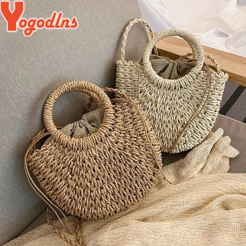 Bolso de paja tejido de ratán semicircular hecho a mano Yogodlns, bolso bandolera de verano para mujer, bolso pequeño de playa para niñas, nuevo.