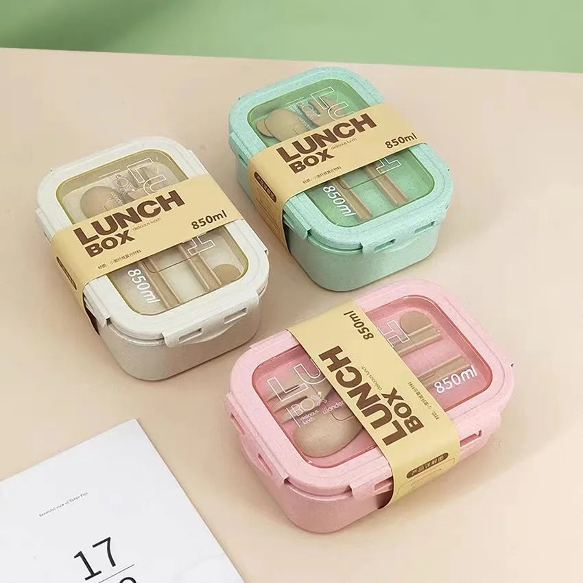 Caja de almuerzo de 1100ML para niños, escuela, adultos, oficina, de paja de trigo, apta para microondas, picnic, almacenamiento, portátil, gran caja bento con cuchara y palillos