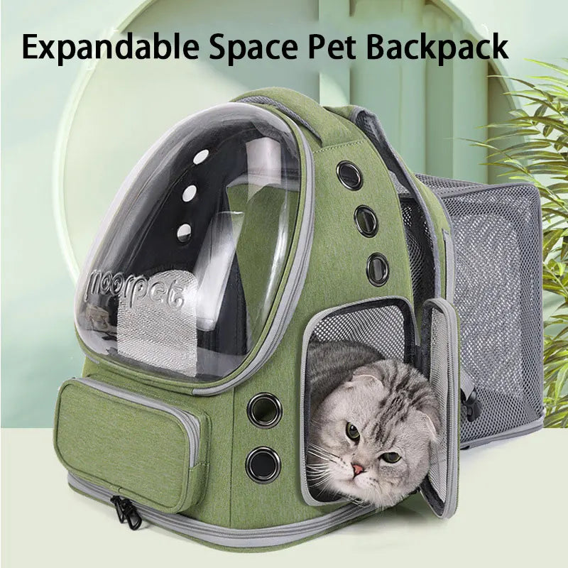 Mochila transportadora para mascotas espaciosa y expandible con correas dobles para los hombros y asa superior. Diseño apto para todas las estaciones para un viaje cómodo.