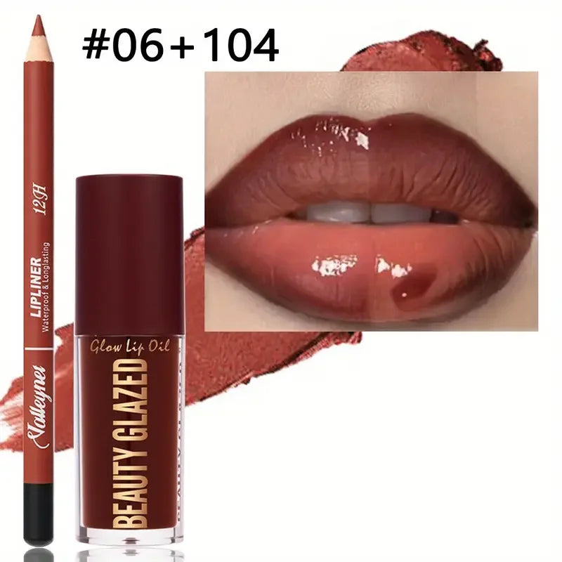 Set de maquillaje de 2 piezas: delineador de labios mate + aceite labial hidratante con color, de larga duración y fácil aplicación, resistente al agua, combinación de maquillaje ini