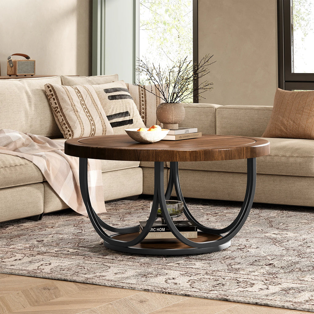 Tribesigns Round Coffee Table with 2 Tiers, 80 cm Wooden Circle Accent Cocktail Table with Storage Shelf and Metal Frame