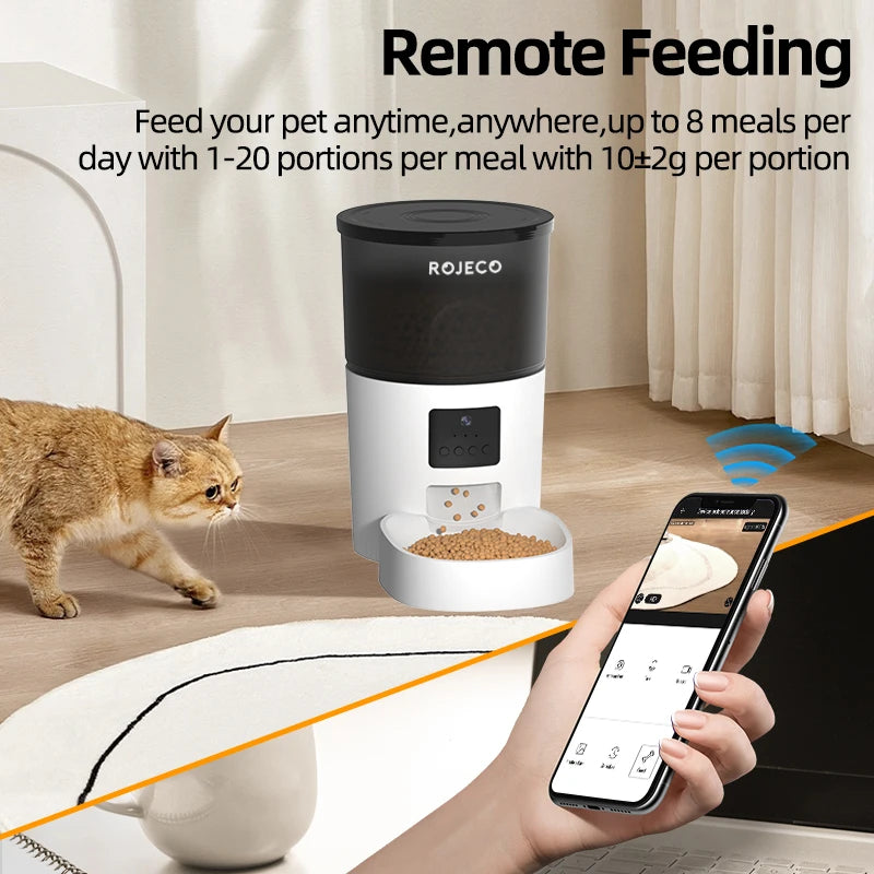 Comedero automático para gatos ROJECO con cámara de video, dispensador de comida para gatos, grabadora de voz inteligente para mascotas, control remoto, comedero automático para gatos y perros.