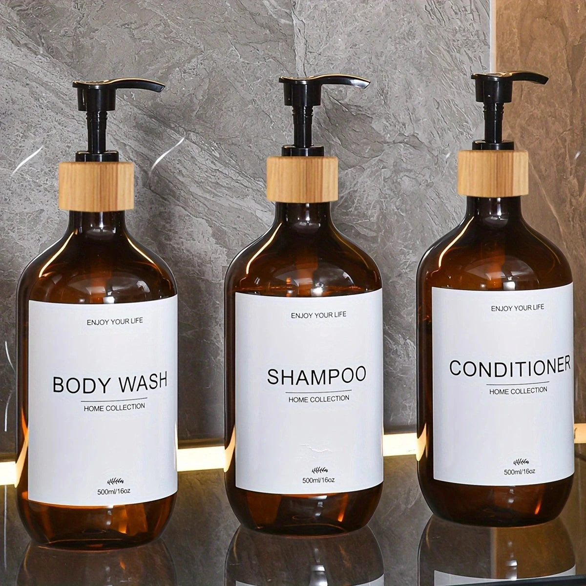 Juego de dispensadores de champú para baño de 500 ml, botellas de acondicionador y gel de ducha recargables, dispensador con decoración rústica, botellas de almacenamiento.