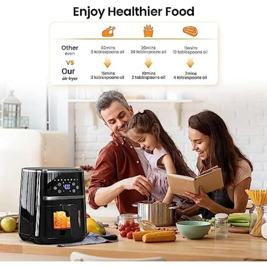 Freidora de aire digital de 5 cuartos con 8 programas de cocción preestablecidos, ventana de cocción visible, pantalla táctil LCD, bandeja de cesta antiadherente apta para lavavajillas.