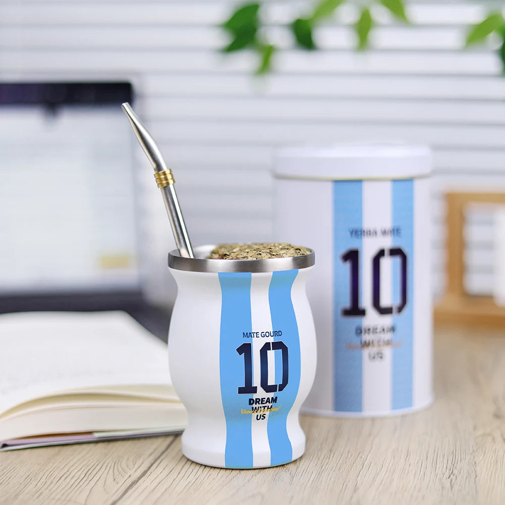Juego de mate para capitán argentino n.° 10, con calabaza y yerbero, lata de té, bombilla (pajita) y taza de mate.