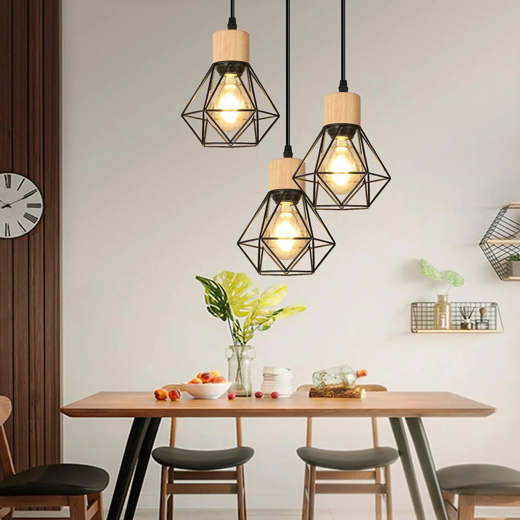 Lámparas colgantes vintage de 3 luces, E27, lámpara de techo industrial negra, iluminación de techo de madera y metal para dormitorio o cafetería.