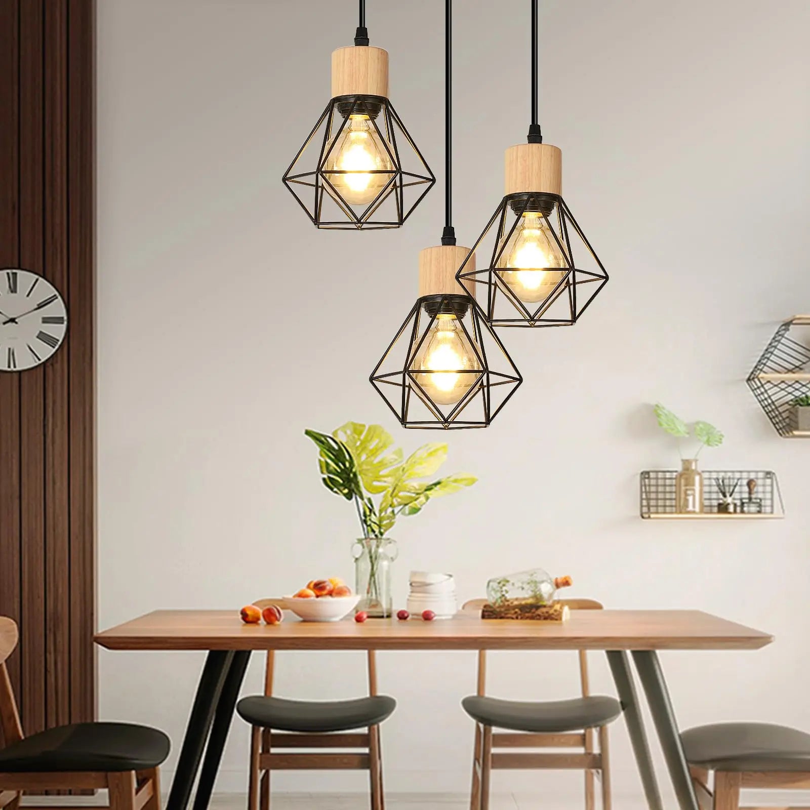 Lámparas colgantes vintage de 3 luces, E27, lámpara de techo industrial negra, iluminación de techo de madera y metal para dormitorio o cafetería.