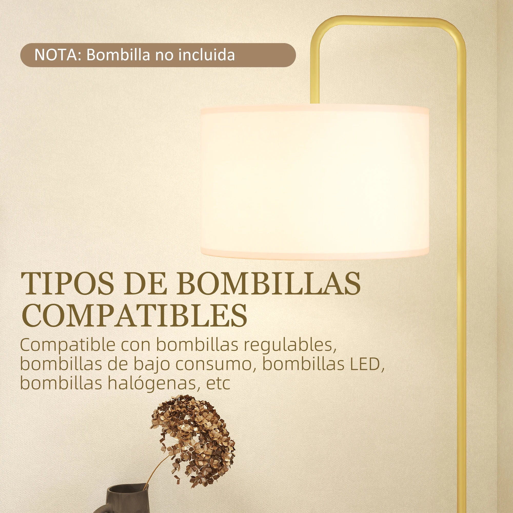 Lámpara de pie moderna Homcom con pantalla de lino sintético, lámpara de lectura para salón, 64 x 38 x 163,5 cm, blanca y dorada.