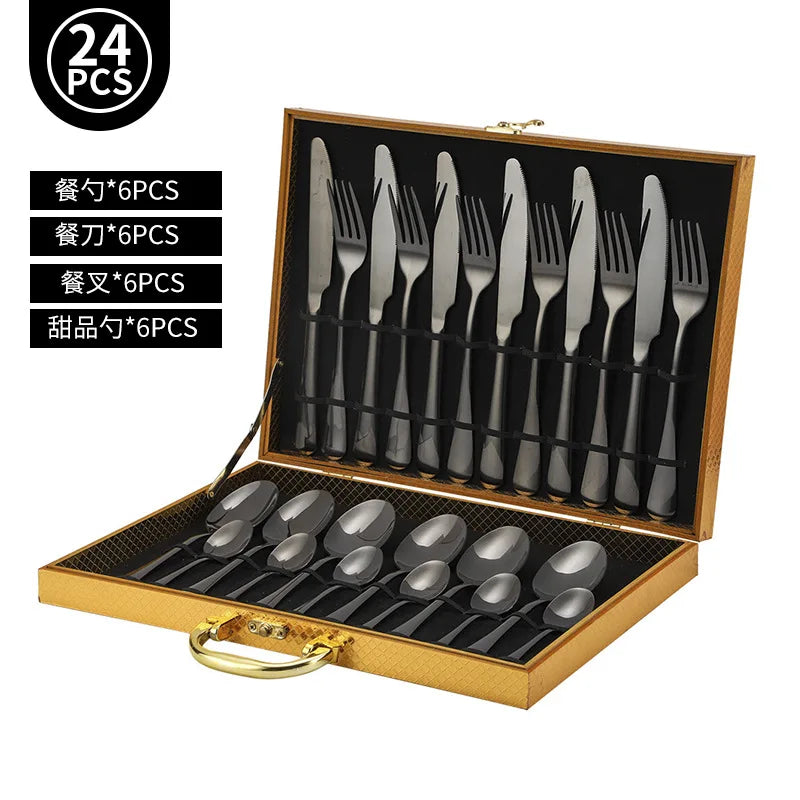 Juego de vajilla dorada de 24 piezas, lujo ligero, acero inoxidable, cubiertos, tenedor, cuchillo, cuchara, vajilla minimalista con caja de regalo.