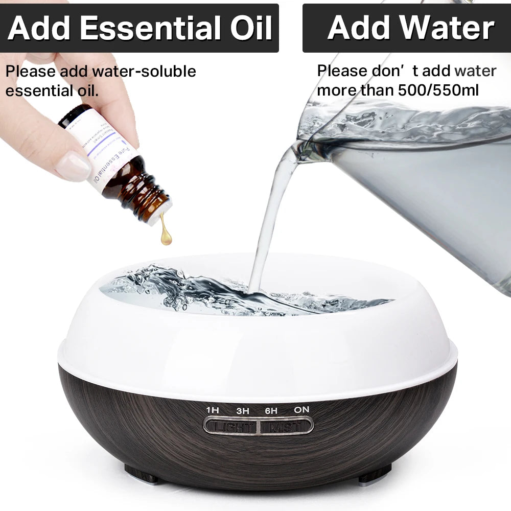 Difusor de aceites esenciales para aromaterapia con acabado de madera, control remoto, humidificador de aire ultrasónico, luz LED de 7 colores.