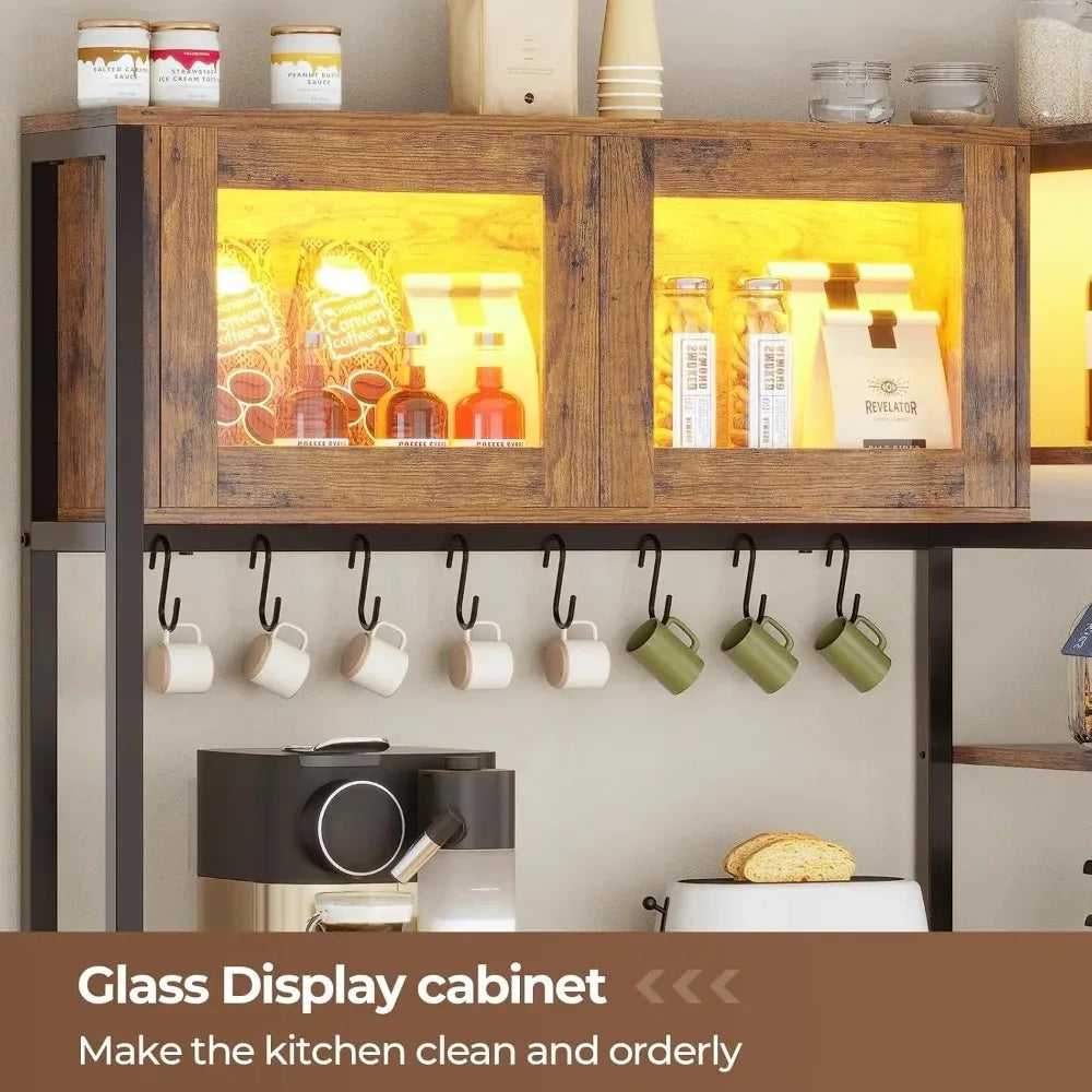 45.3 Inch Farmhouse Bakers Rack, Coffee Bar Cabinet with Power Outlet, LED Light & Microwave Storage