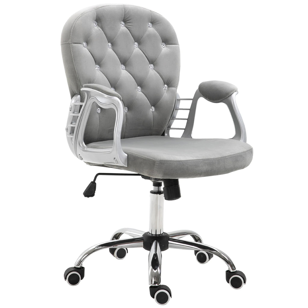 Vinsetto Silla de Escritorio de Terciopelo con Altura Ajustable Reposabrazos y Decoraciones de Diamantes 59,5x60,5x93-103 cm Gris