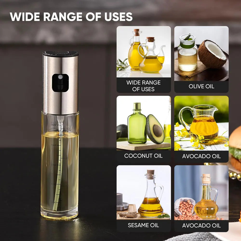 Dispensador de aceite de oliva de 100 ml. Botella de vidrio con pulverizador para aceite de oliva, ideal para ensaladas, barbacoas, repostería y asados. Artículos esenciales para la cocina.