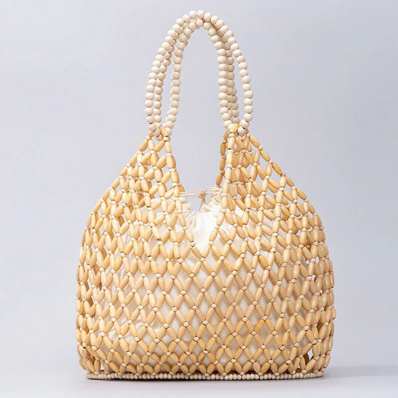 Bolso de mano tejido a mano con cuentas para mujer, exquisito bolso de hombro de madera calada con cuentas, bolso de playa femenino