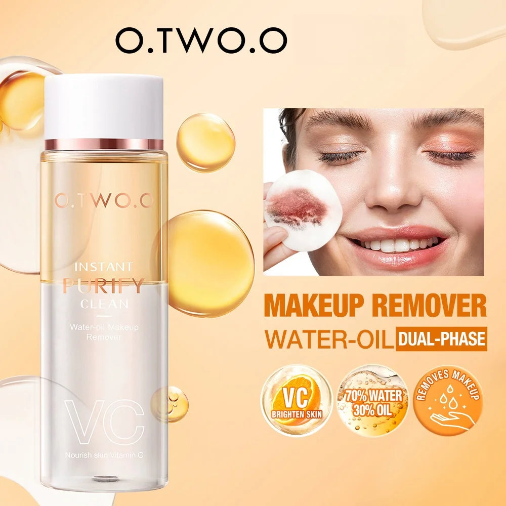 Desmaquillante bifásico con esencia de vitamina C para pieles sensibles. Disuelve instantáneamente el maquillaje más resistente sin irritar.