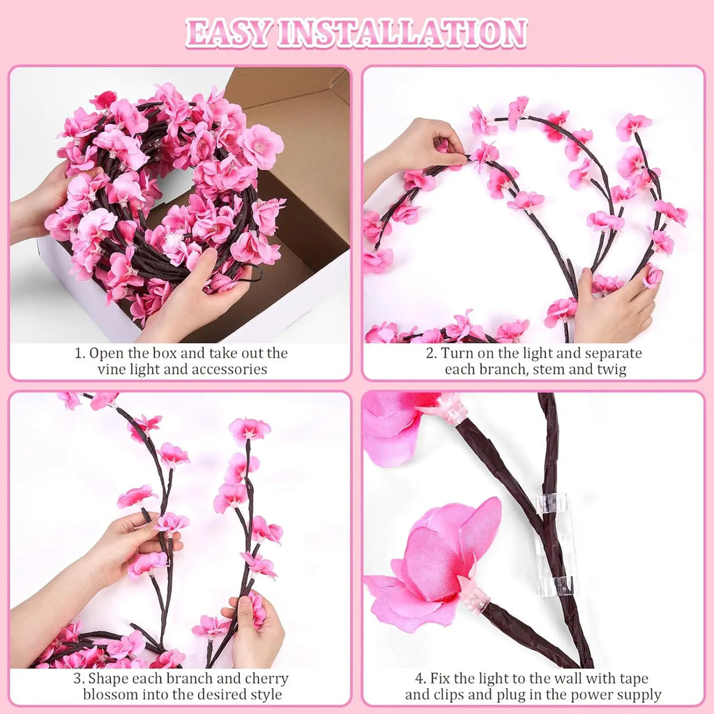 Guirnalda de ramas de cerezo con luces LED, 72/96 luces LED, ramitas de sauce y flores de durazno, ideal para fiestas en interiores, paredes, puertas y ventanas.