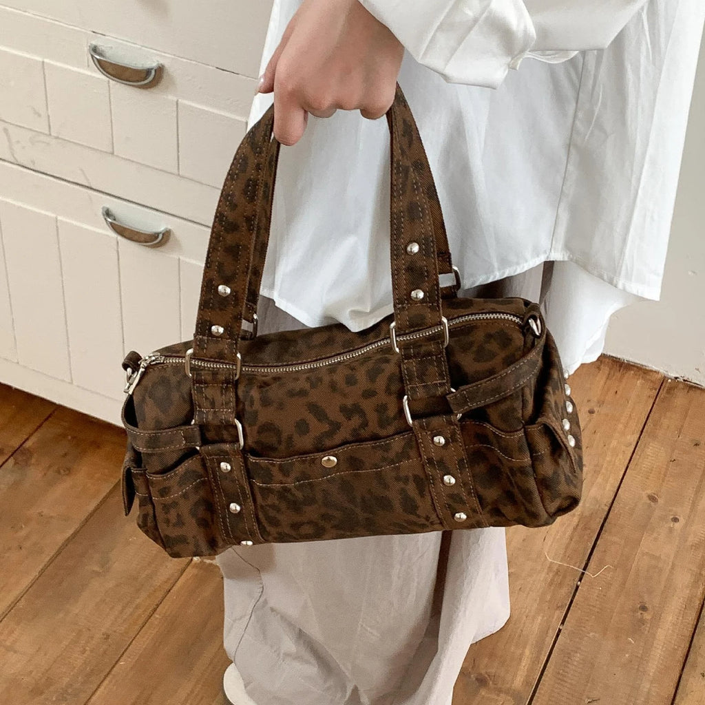 Bolso de mano estilo Boston Casual Messenger con remaches de leopardo vintage para motocicleta, bolso bandolera para mujer, bolso de hombro de moda para mujer, bolsos tote