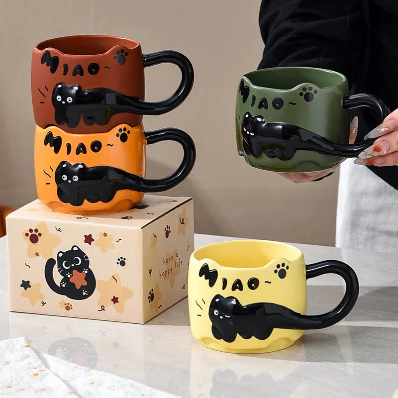 Taza apilable con diseño de gato, taza de café o té con un lindo diseño de dibujos animados, apilable, creativa, adorable, de cerámica, regalo divertido para uso doméstico diario.