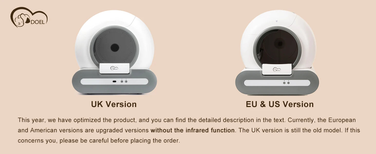 Arenero autolimpiable DOEL de 65 litros con control por aplicación, compatible ÚNICAMENTE con WiFi de 2,4 GHz, incluye alfombrilla para arena y bolsas de basura, apto para arena tipo tofu y mixta.