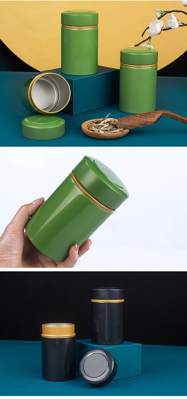 Lata de té metálica portátil de 50 g, recipiente de hojalata para almacenar té y hojas de té secas sueltas.