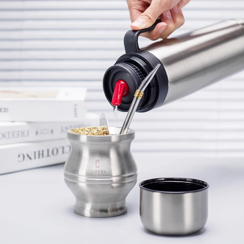 Kit de Yerba Mate - Incluye mate moderno, bombilla, cepillo de limpieza y termo - Acero inoxidable 304 de primera calidad (plateado)