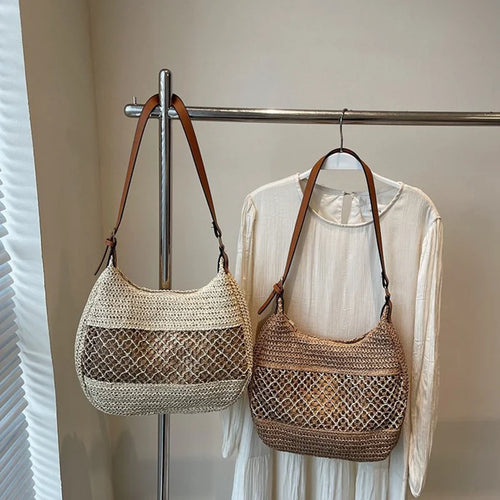 Bolso de hombro hueco para mujer con correa ajustable, tejido de paja, bolso de viaje, bolso de mano de moda, bolso de verano para uso diario.