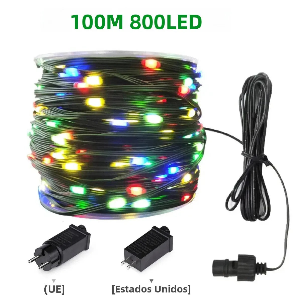 Guirnalda de luces LED de alta calidad con cable de goma, 100 m, 800 LED, 8 modos, 220 V/110 V, para exteriores, jardín, patio, césped y decoración navideña.