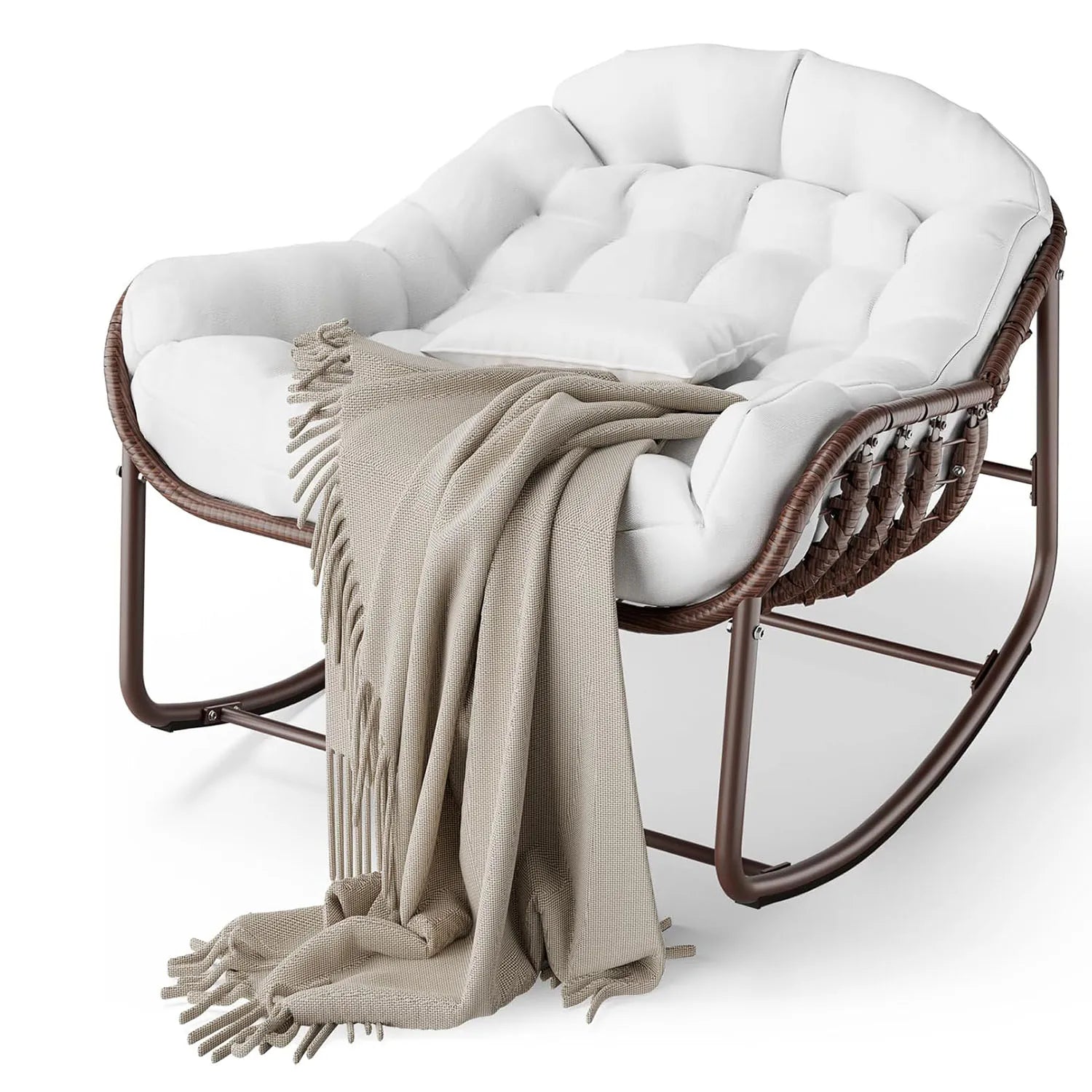 Silla mecedora Papasan para exteriores, sillón reclinable de mimbre extragrande con cojín y estructura metálica, mecedora de ratán para patio y balcón.