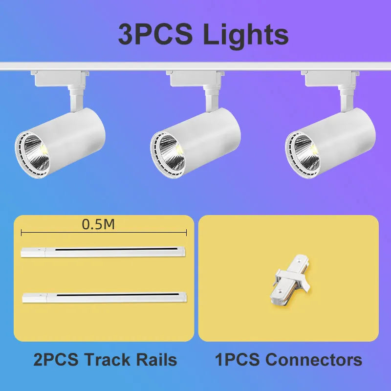 Juego completo de focos LED de riel de 50W, 40W y 20W con tecnología COB para iluminación de riel de techo en interiores, ideales para la decoración de salas de estar y cocinas.