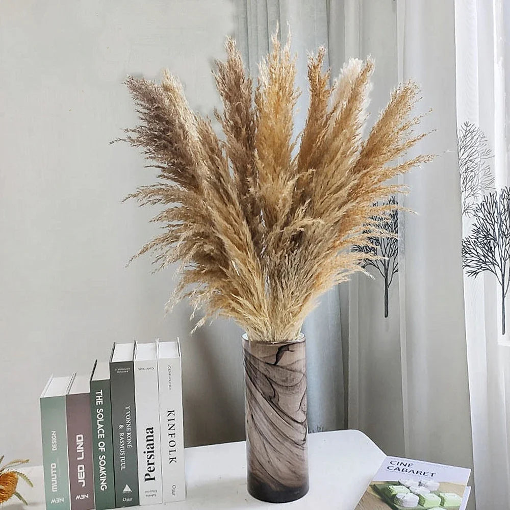 Pluma grande de 110-120 cm, hierba de la pampa seca y esponjosa, decoración de boda bohemia al por mayor, flor natural real, decoración del hogar, decoración de jardín