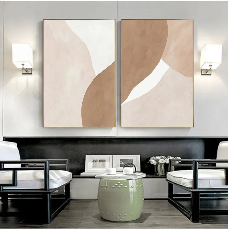 Cuadro abstracto geométrico moderno en tonos beige y marrón sobre lienzo, ideal para decoración de paredes, salas de estar y otros espacios.