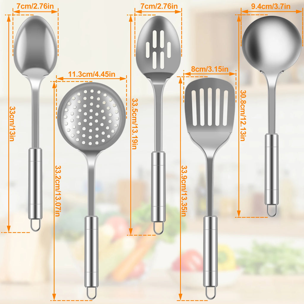 Juego de 5 utensilios de cocina de acero inoxidable duraderos, cucharas, espátulas y utensilios lavables.