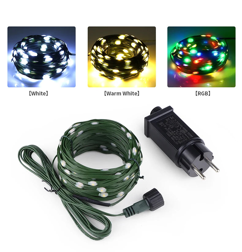 Guirnalda de luces LED de alta calidad con cable de goma, 100 m, 800 LED, 8 modos, 220 V/110 V, para exteriores, jardín, patio, césped y decoración navideña.