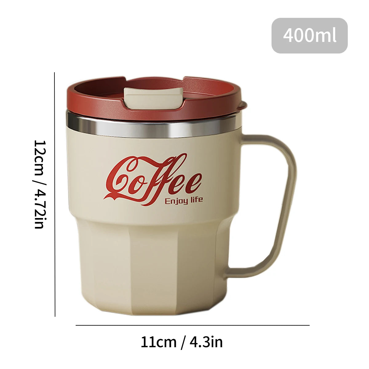 Taza de café WORTHBUY con tapa y asa, de acero inoxidable 304, para té, leche y café, con doble pared aislante y protección anti-quemaduras.