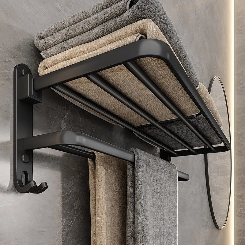 Toallero plegable de aluminio de 50 cm en negro mate con gancho para montaje en pared.
