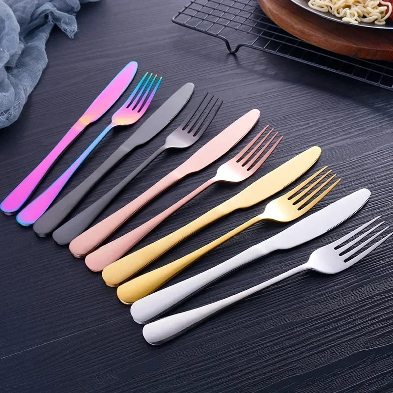 Juego de vajilla dorada de 24 piezas, lujo ligero, acero inoxidable, cubiertos, tenedor, cuchillo, cuchara, vajilla minimalista con caja de regalo.