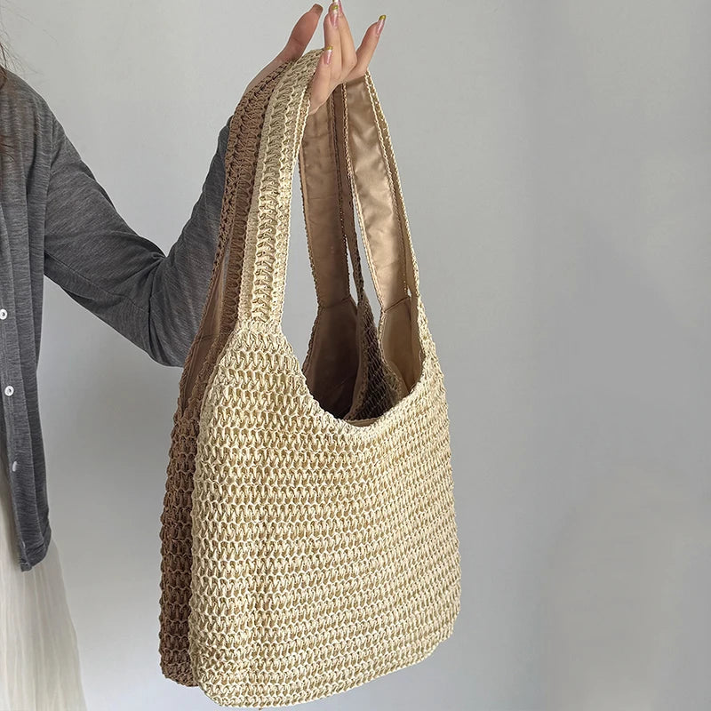 Bolsos de hombro de ratán para mujer, bolsos de mano tejidos para mujer, bolsos de paja de gran capacidad para la playa de verano, bolsos de mano informales.