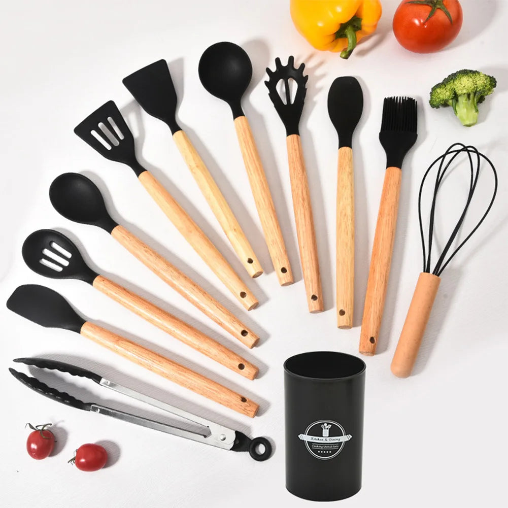 Juego de 12 piezas de utensilios de cocina de silicona antiadherentes: espátula, pala, cuchara, brocha, batidor, mango de madera.