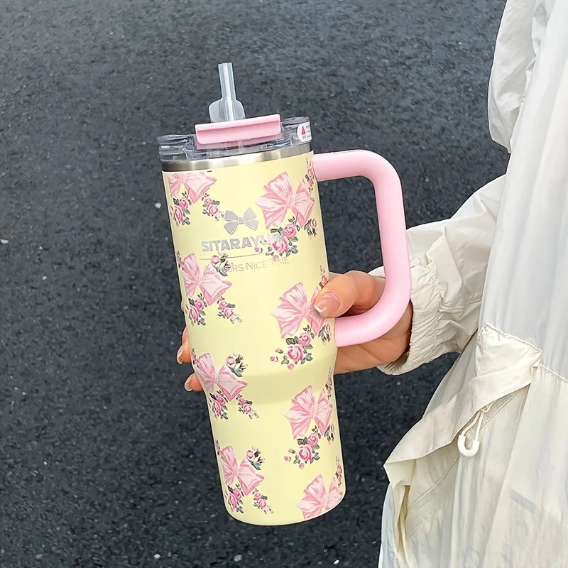 Vaso térmico de acero inoxidable con aislamiento al vacío de 900 ml con estampado floral y pajita, ideal para mantener las bebidas frías. Regalo de cumpleaños para mujeres.