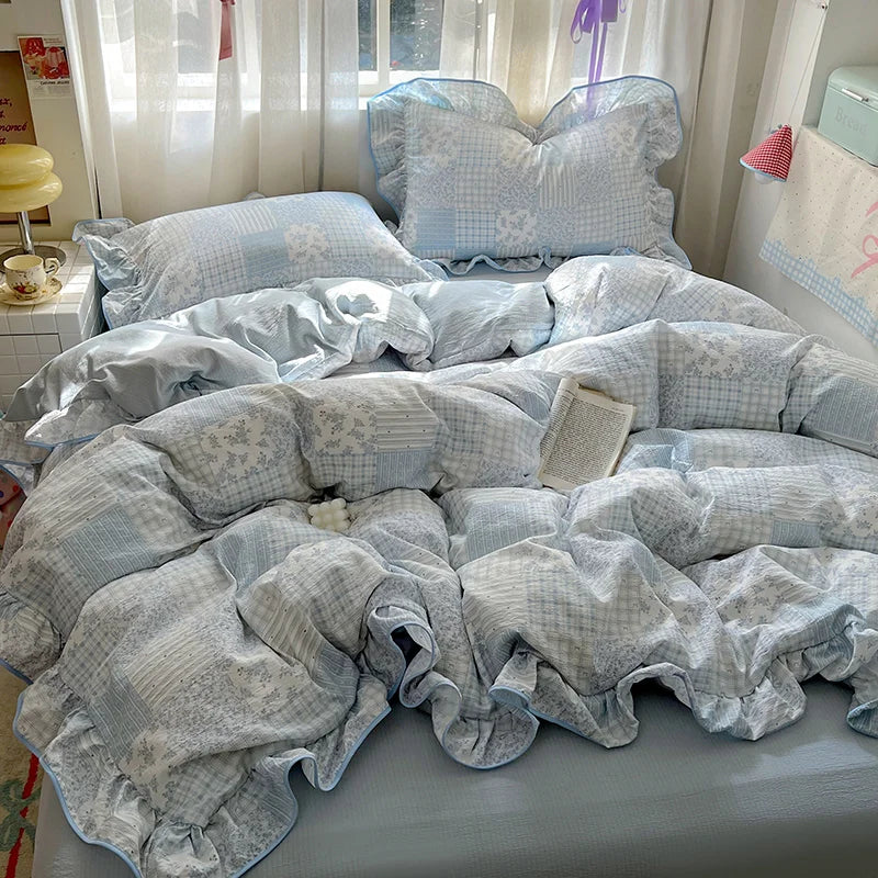 Juego de Ropa de Cama Ruffles Estilo Floral Funda de Edredón Funda de Almohada con Sábana Juego de Ropa de Cama Amigable con la Piel Ropa de Cama para Habitación de Niñas