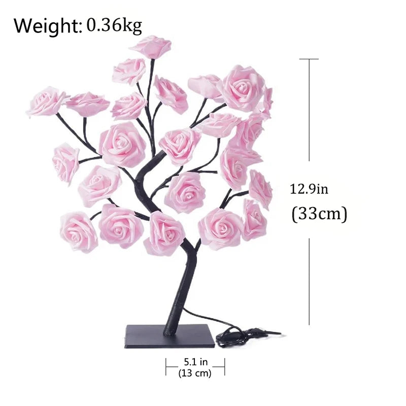 Lámpara de mesa con 24 luces LED de rosas rojas en forma de árbol, luz nocturna de hadas con forma de flor para decoración del hogar, fiestas, Navidad, bodas y dormitorios. Regalo ideal.