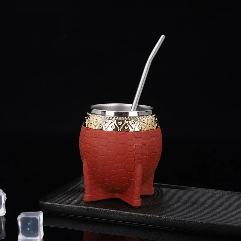 Mate de acero inoxidable de doble capa con pajita, textura de caparazón de tortuga