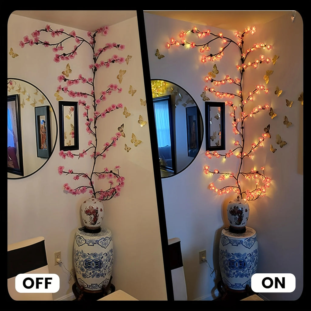 Guirnalda de ramas de cerezo con luces LED, 72/96 luces LED, ramitas de sauce y flores de durazno, ideal para fiestas en interiores, paredes, puertas y ventanas.