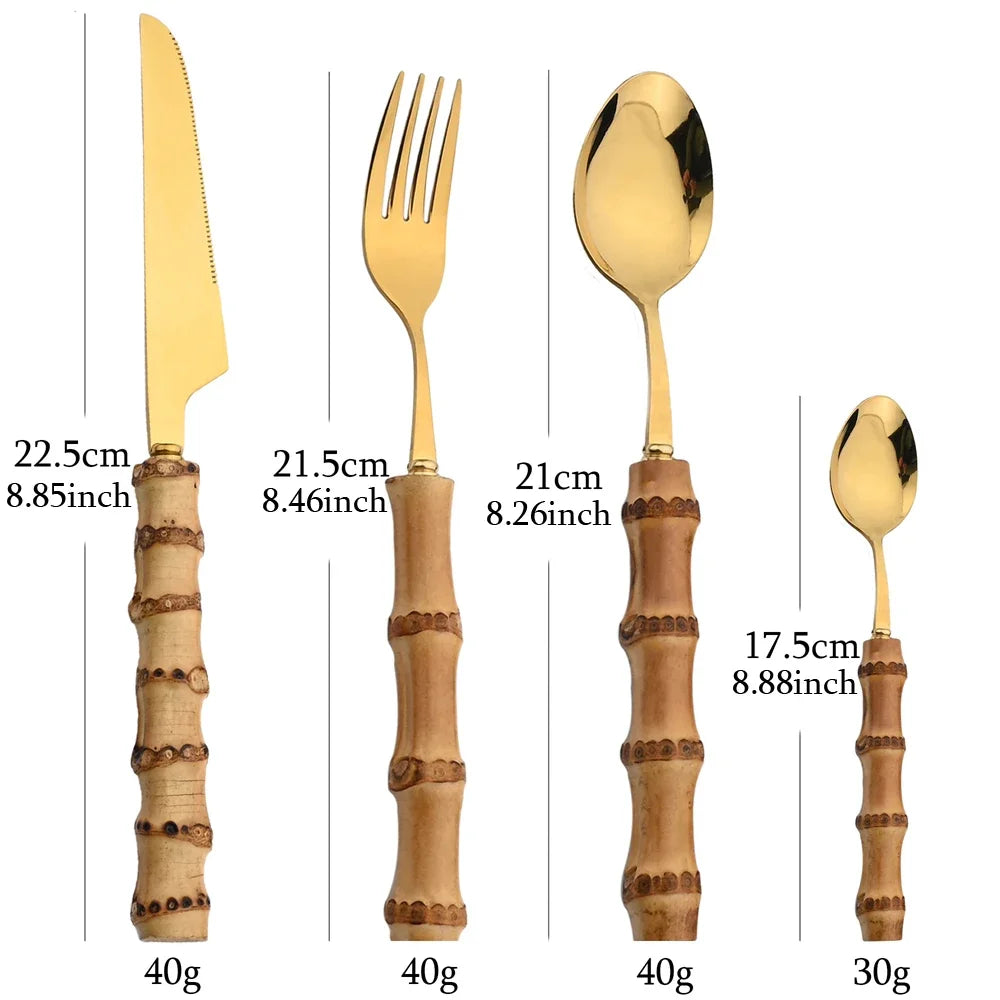 Juego de vajilla de bambú de 24 piezas, juego de cubiertos de bambú de acero inoxidable, juego de cubiertos con mango de madera natural, juego de cubiertos para carne, cuchillo para carne.