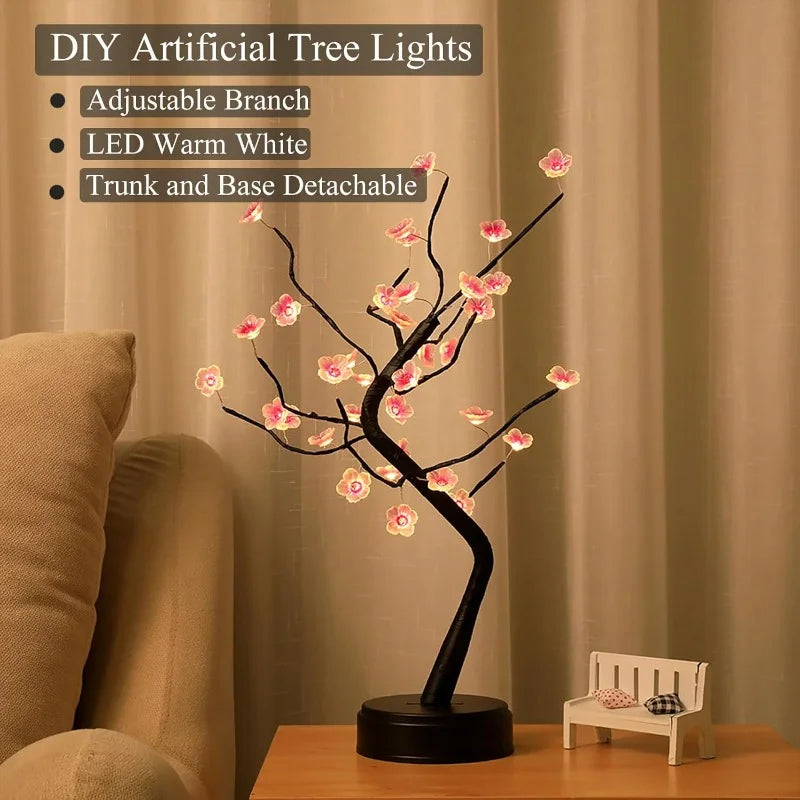 Lámpara de mesa con forma de árbol, alimentada por USB/pilas, con interruptor táctil, bonsái artificial de cerezo en flor, lámpara de escritorio LED decorativa.