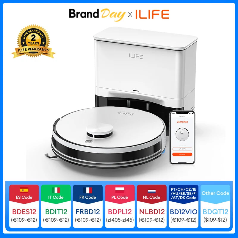 ILIFE A30 PRO, aspiradora y fregona robot con potencia de succión de 5000 Pa, vaciado automático, capacidad para 60 días, control por aplicación/mando a distancia, autonomía de 180 minutos.