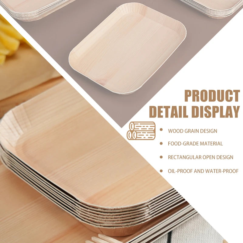10/20 unidades de platos rectangulares desechables de madera, bandeja de papel, vajilla para postres, pan y ensaladas, accesorios de mesa para cenas y fiestas.