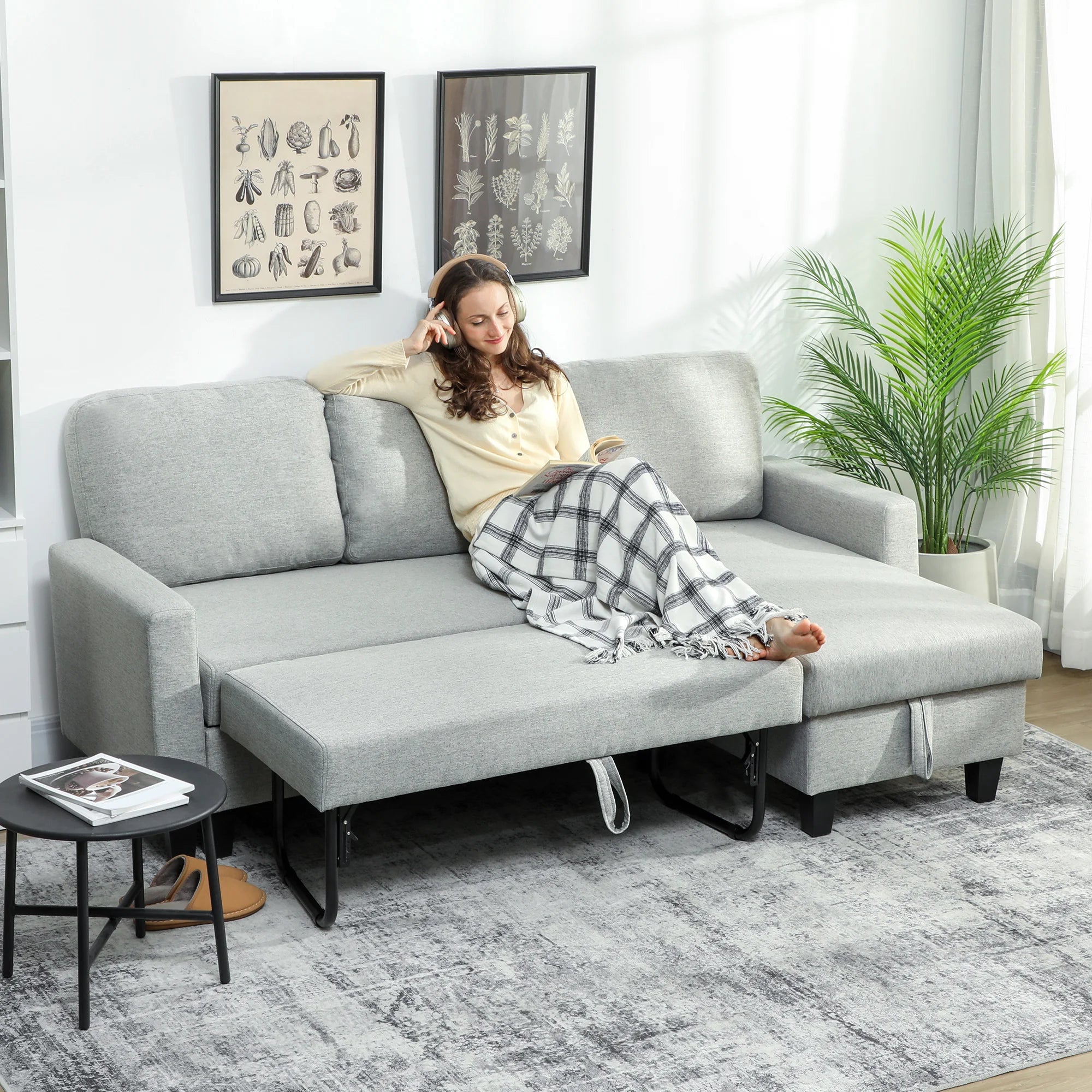 Sofá cama Homcom de 3 plazas con chaise longue reversible, con espacio de almacenamiento y fundas extraíbles, color gris.